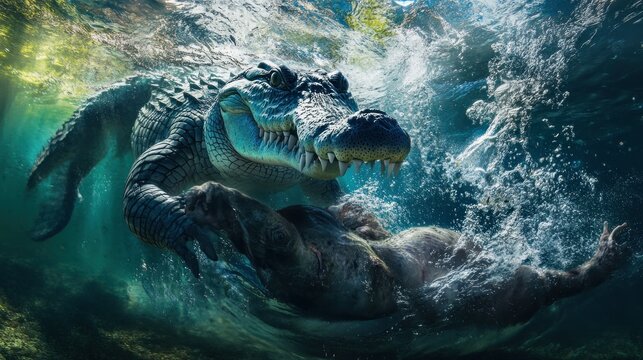A crocodile attacking a seal underwater