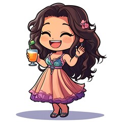 Cute cartoon girl in pink dress with tropical drink and flower in hair