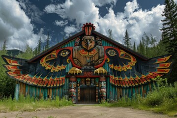 Traditional colorful first nations building with totem pole decorated entrance in canada