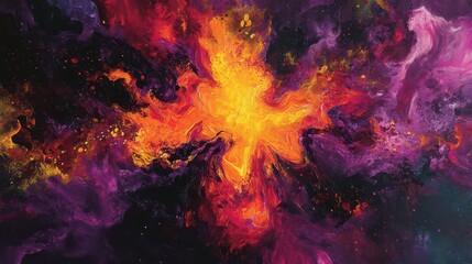 High-resolution image of a color explosion with deep purples, bright yellows, and fiery reds on a dark canvas