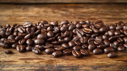 Fototapeta premium High-resolution close-up of freshly roasted coffee beans scattered on a wooden surface