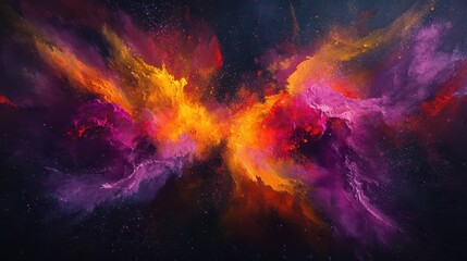 High-resolution image of a color explosion with deep purples, bright yellows, and fiery reds on a dark canvas
