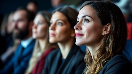 Fototapeta premium Woman with Long Hair Looking Up and to the Right in a Crowd