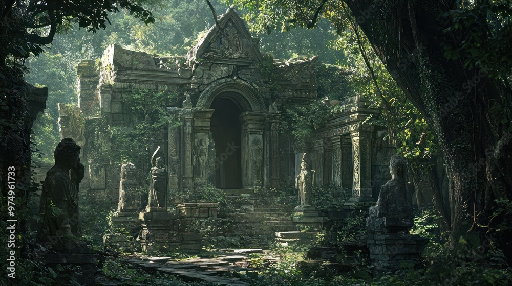 Wall mural Overgrown Stone Temple Ruins with Statues