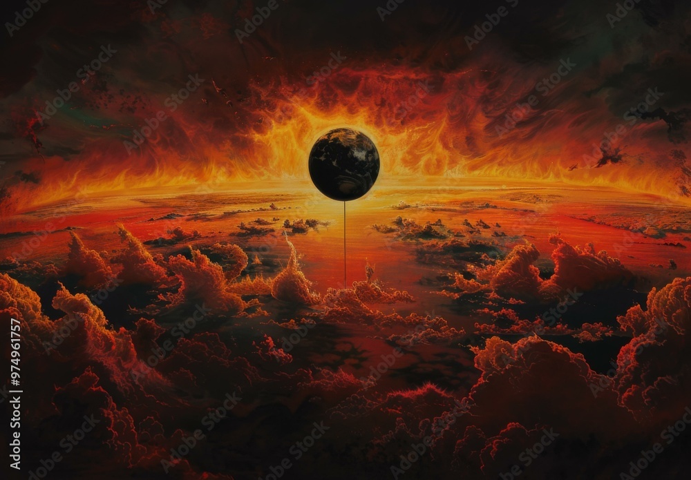 Sticker a painting of a planet floating in the sky with fire and clouds. ai.