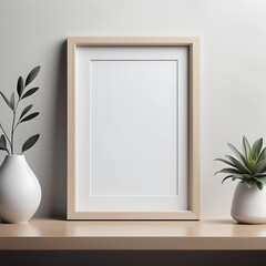 Minimalist picture frame mockup featuring a sleek, modern design with clean lines. The frame stands upright on a neutral surface, with soft lighting creating subtle shadows that highlight its texture