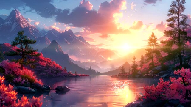 Sunset over mountain lake with autumn foliage and glowing sky. Seamless looping 4k time-lapse video background
