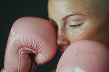 Fototapeta premium Female boxer. Hairless woman with pink boxing gloves on a black background. Fight against breast cancer. Power of thought and positivity. Breast cancer awareness concept banner.