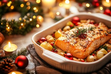 Festive Baked Salmon with Rosemary and Baby Potatoes in Holiday Decor