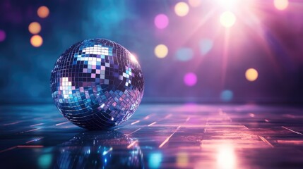 Obraz premium A captivating disco ball reflects colorful lights on a retro dance floor, creating an energetic atmosphere perfect for dancing and celebration