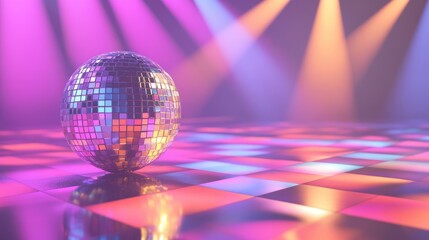 The disco ball shines brightly, casting colorful light patterns on a retro-style dance floor, inviting everyone to join the nightlife excitement