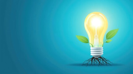 A glowing light bulb sprouting leaves, symbolizing innovation, growth, and sustainability in a vibrant blue background.