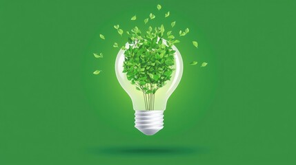A light bulb filled with vibrant green leaves, symbolizing eco-friendliness and sustainable energy concepts.