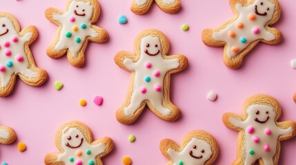 Naklejka premium A variety of humorous cookies with legs and arms rest on a vibrant pink backdrop, surrounded by tiny colorful sprinkles that add whimsy and fun