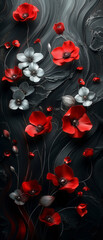 Volumetric red and white flowers and buds on a black background.