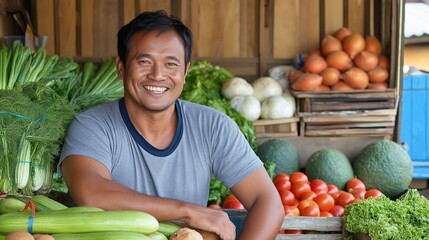 Obraz premium A vegetable seller beams with pride while showcasing an array of fresh fruits and vegetables at a vibrant local market under sunny skies