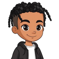 Cute cartoon boy with braided hair smiling, happy, friendly, and playful