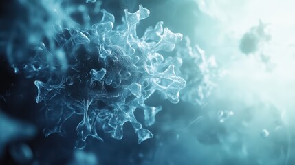 Fototapeta premium Highly detailed virus cell under a microscope, floating in a light, tech-inspired environment, soft blur background, blue and white tones, advanced scientific imagery
