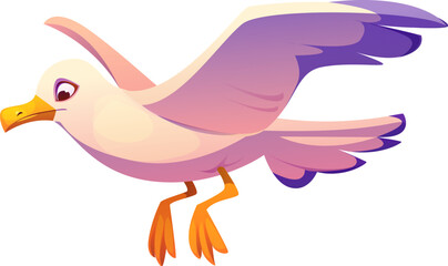 Cartoon flying seagull character in mid-flight with its wings spread wide, catching the wind, and legs extended. Isolated vector agile bird soars in the air, embodies the spirit of coastal freedom
