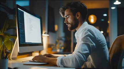 Man Concentrating on Code While Typing on a Computer