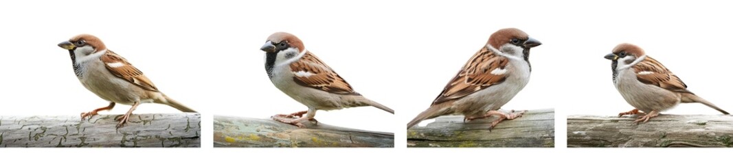 Brown house sparrow bird on tree log