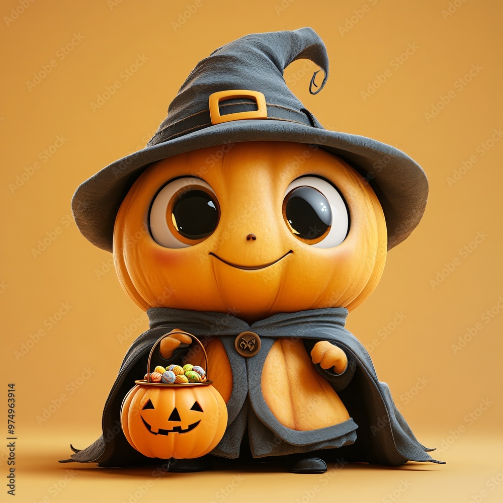 Sticker Cute cartoon pumpkin character with candy bucket