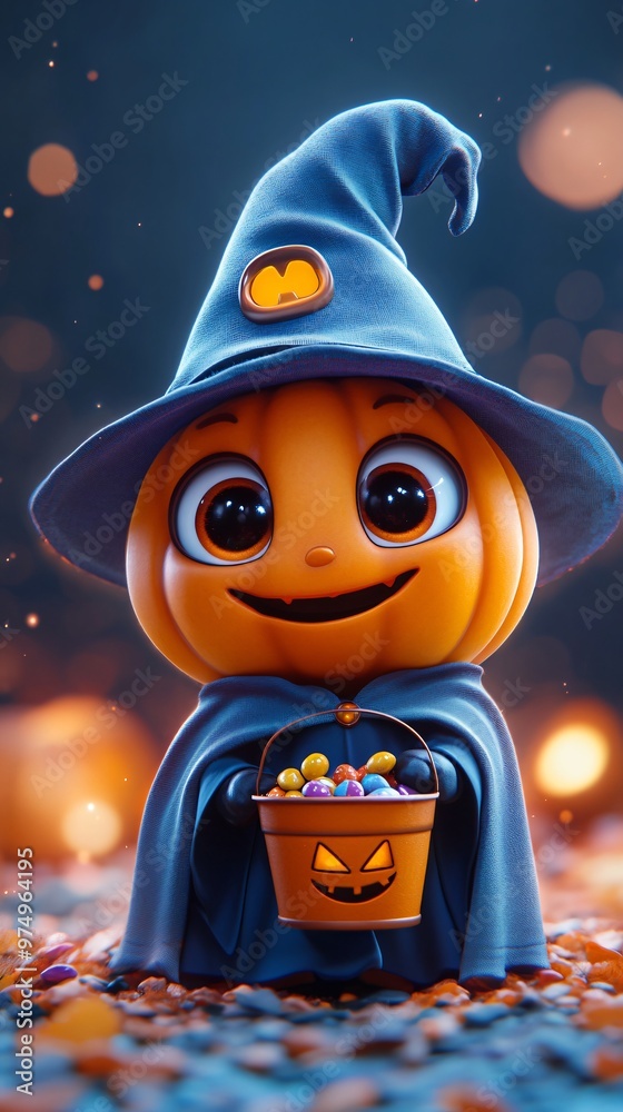 Wall mural Cute cartoon pumpkin character with candy bucket