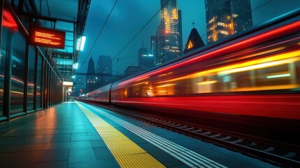 Fototapeta premium A train speeding through a station, with blurred motion and long exposure, electric energy, the scene features red and yellow lights, with the city center in the background