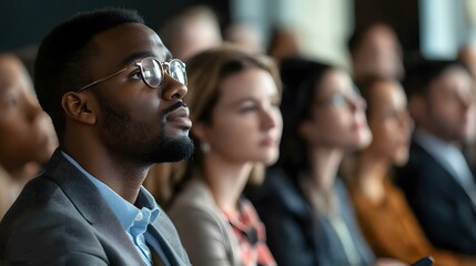 Obraz premium Man in Glasses Looking Upward in a Crowded Room