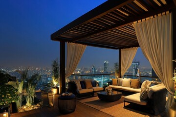 Fototapeta premium Elegant Rooftop Lounge with City Skyline at Night