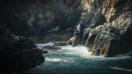 Dark Cliffs and Foamy Waves Crashing Against Rugged Coastline