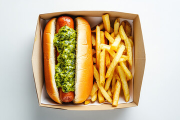 hot dogs with various toppings and fries in a paper box