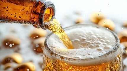 Refreshing golden beer pours from a bottle into a frosty glass, showcasing bubbly effervescence and a spirited atmosphere.