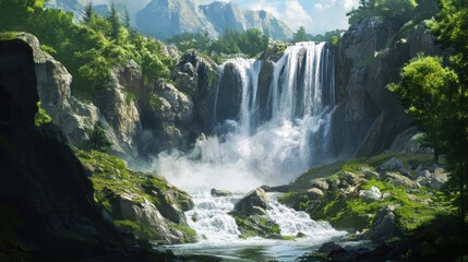 Fototapeta premium A Majestic Waterfall Cascading Through a Lush Mountain Valley