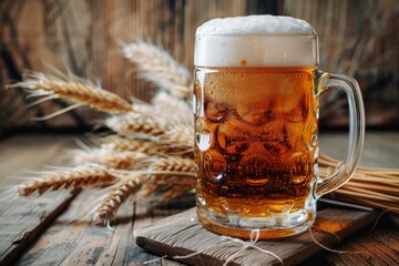 Glass of cold beer with foam is standing on a wooden table with wheat ears