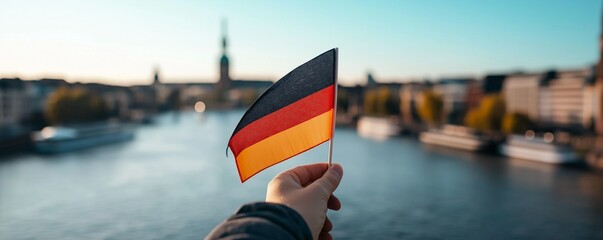 A hand holds a Germany flag on a background of a city and a river with copy space.  The frg symbol.  German Unity Day.  Travel and tourism