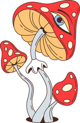 Cartoon retro groovy hippie mushrooms with eyes. Vector psychedelic one-eyed amanita fungus with vibrant red dotted cap and curved stem. Whimsical trippy alien fly agaric plant exuding nostalgic vibe