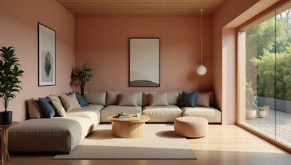 Modern living room with a minimalist design featuring large windows and a cozy sectional sofa