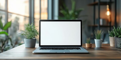 Fototapeta premium A modern workspace featuring a laptop on a wooden desk surrounded by potted plants and natural light, ideal for creative inspiration.
