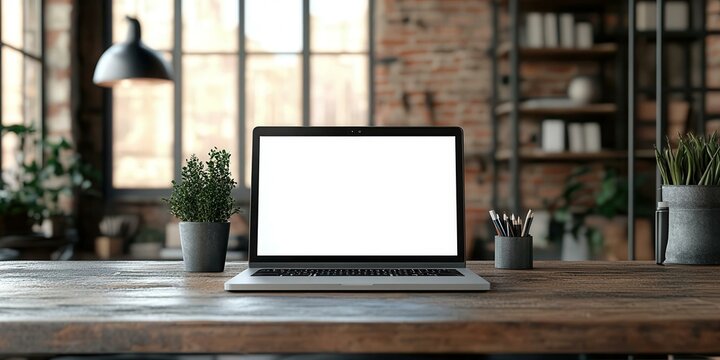 A modern workspace featuring a laptop on a wooden desk with plants and stationery, emphasizing productivity and creativity.