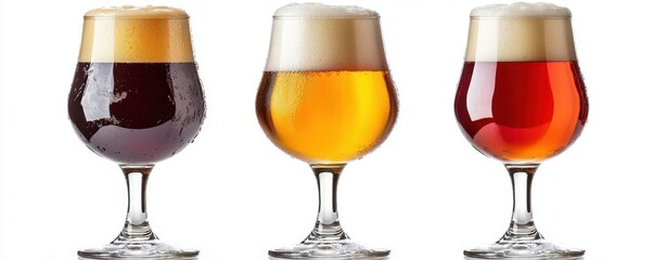 A selection of craft beers in elegant glasses showcasing rich colors and frothy tops, perfect for any beer enthusiast or event.
