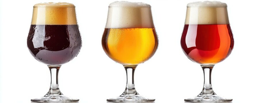 A selection of craft beers in elegant glasses showcasing rich colors and frothy tops, perfect for any beer enthusiast or event.
