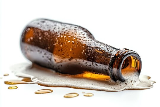 An empty brown beer bottle lies tipped over on a surface, surrounded by spilled foam and droplets, symbolizing a party aftermath.