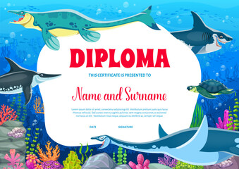 Kids diploma with underwater prehistoric dinosaurs. Colorful vector school or paleontology classes certificate features ancient marine creatures in ocean background with coral reefs and aquatic plants