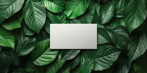 Elegant blank card sits amidst vibrant green leaves, perfect for personal messages or branding in nature-inspired designs.