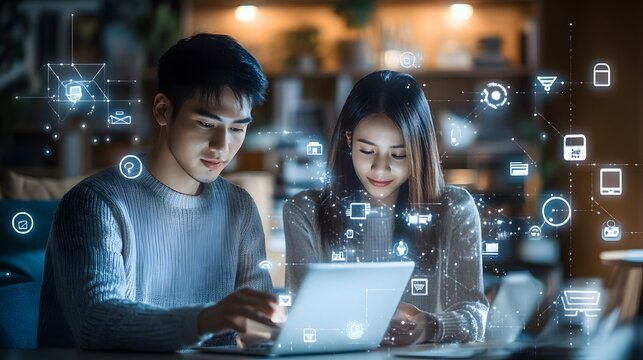 Couple using a laptop with digital icons around them