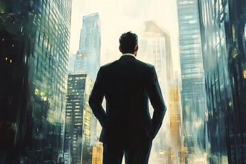 Businessman looking out over the cityscape with hands on hips, symbolizing success, ambition, and opportunity