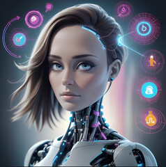 The embodiment of a supercomputer chat bot neural network brainstorming cloud storage in the form of a girl