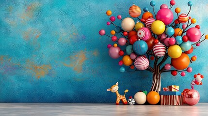 Obraz premium A painting of a tree with balloons and a giraffe figurine in front of a blue wall
