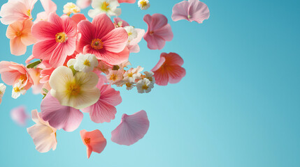 Fototapeta premium Delicate pink flowers floating against a vibrant blue background, symbolizing spring freshness, beauty in motion, and natural elegance in a minimalistic setting.